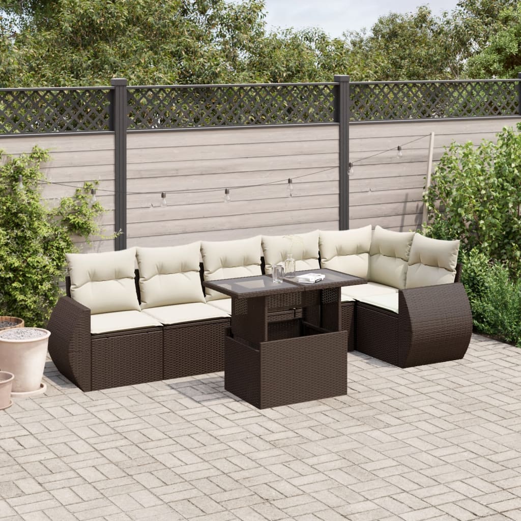 Set Divani da Giardino 7 pz con Cuscini Marrone in Polyrattan