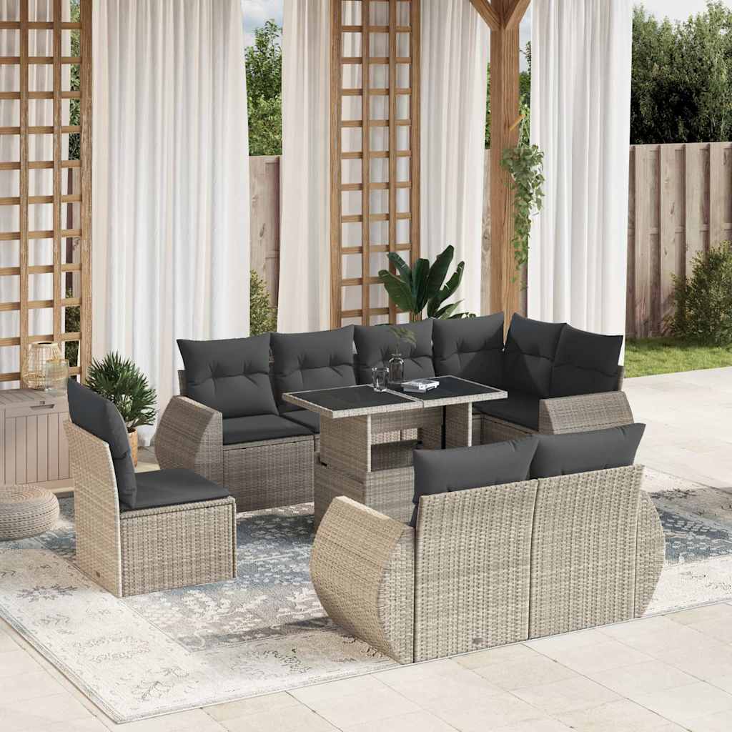 Set Divano da Giardino 9pz con Cuscini Grigio Chiaro Polyrattan