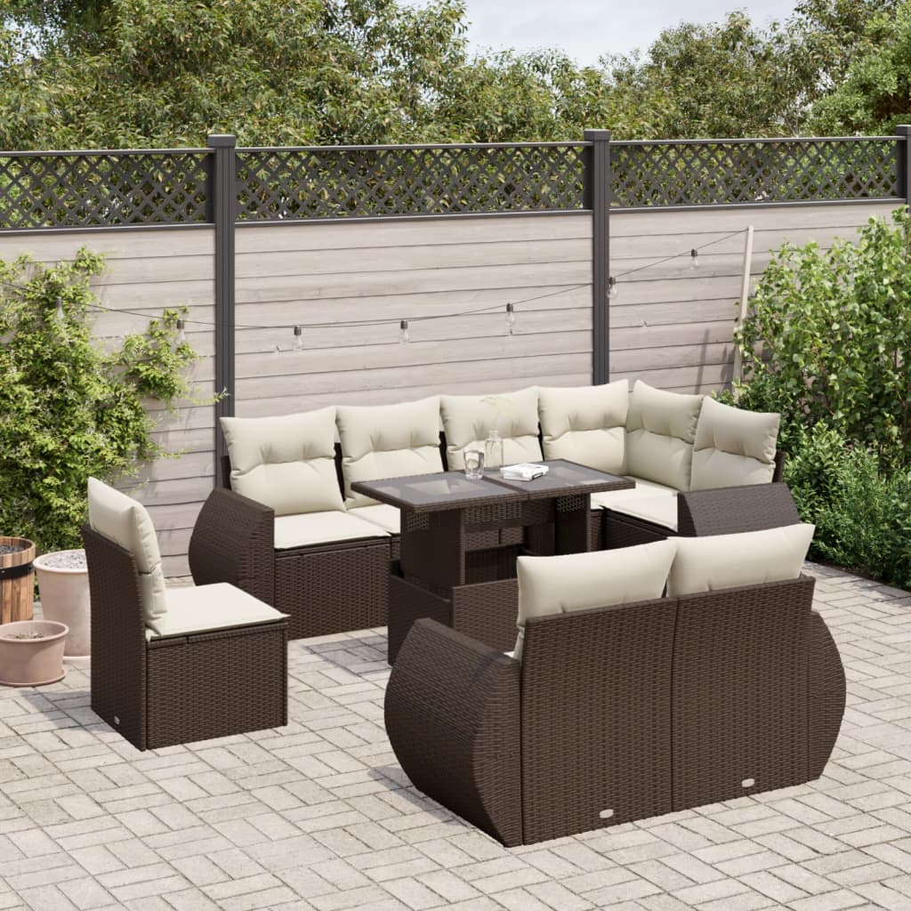 Set Divani da Giardino 9pz con Cuscini Marrone in Polyrattan