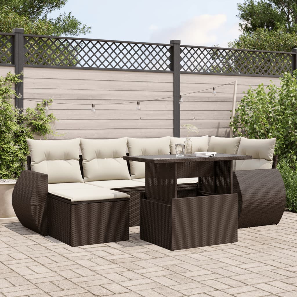 Set Divani da Giardino 7 pz con Cuscini Marrone in Polyrattan