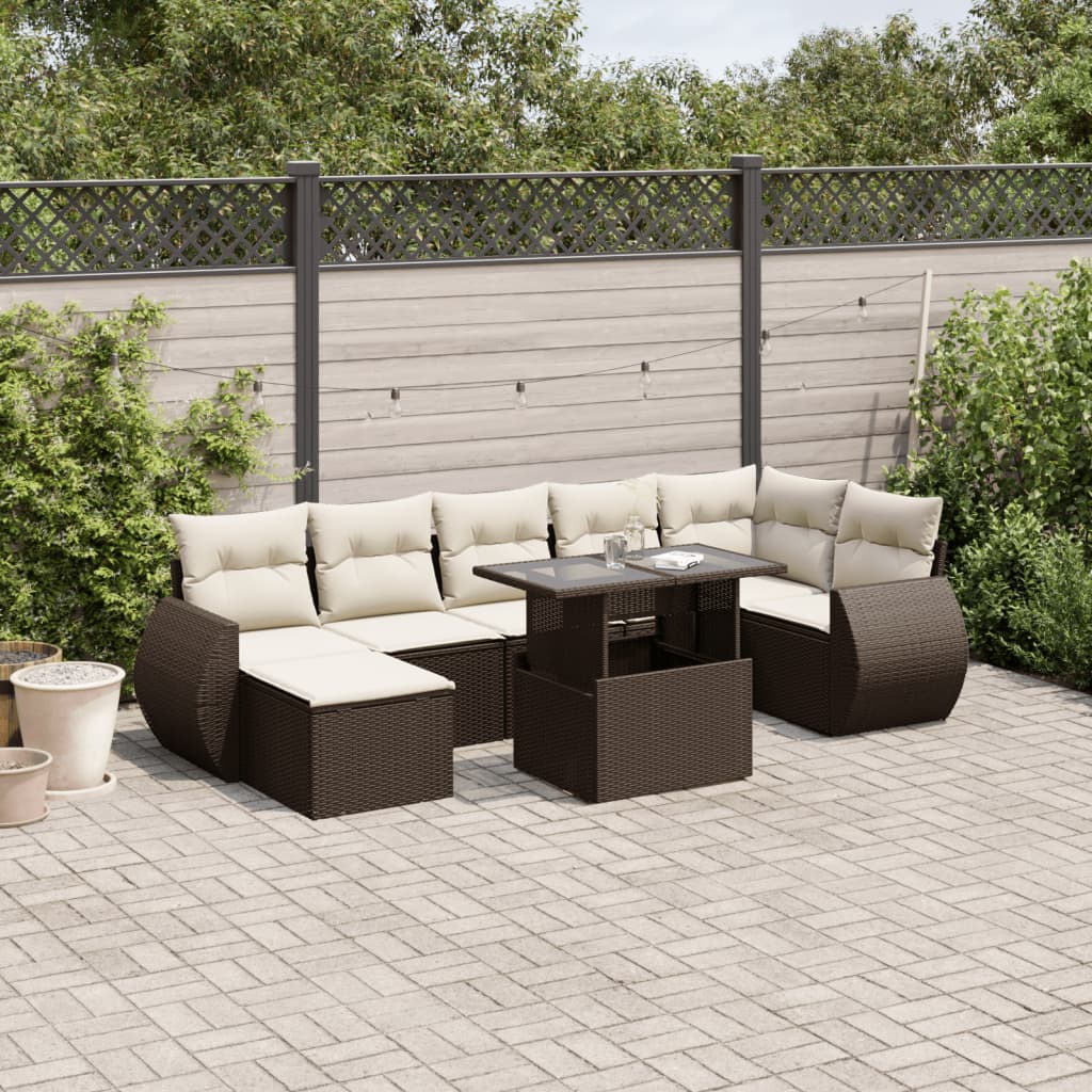 Set Divani da Giardino 8 pz con Cuscini Marrone in Polyrattan
