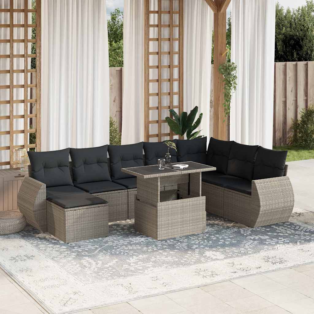 Set Divano da Giardino 9pz con Cuscini Grigio Chiaro Polyrattan