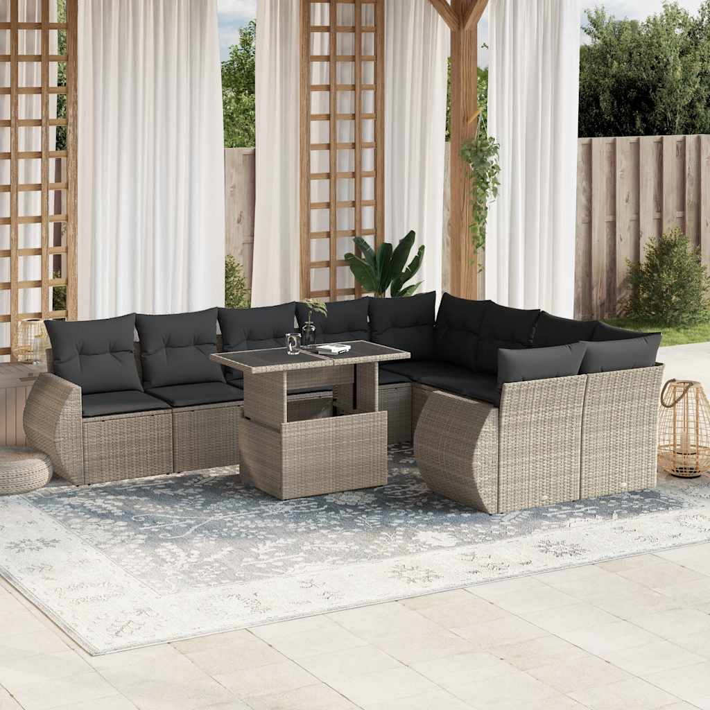 Set Divano Giardino 10 pz con Cuscini Grigio Chiaro Polyrattan