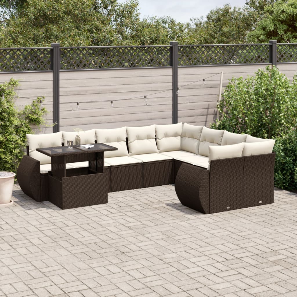 Set Divani da Giardino 10pz con Cuscini in Polyrattan Marrone