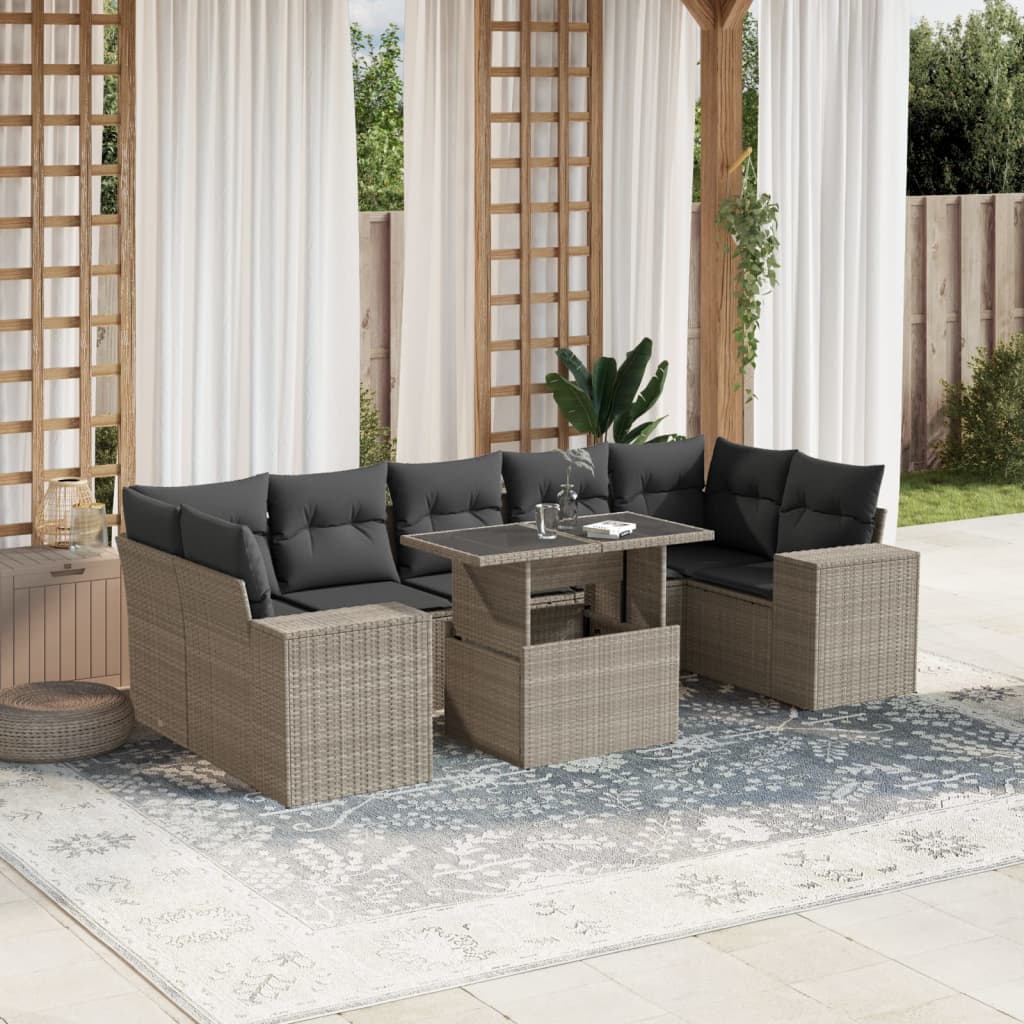 Set Divano da Giardino 8pz con Cuscini Grigio Chiaro Polyrattan