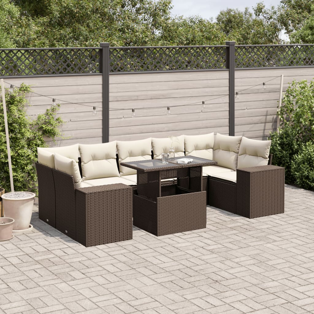 Set Divani da Giardino 8 pz con Cuscini Marrone in Polyrattan