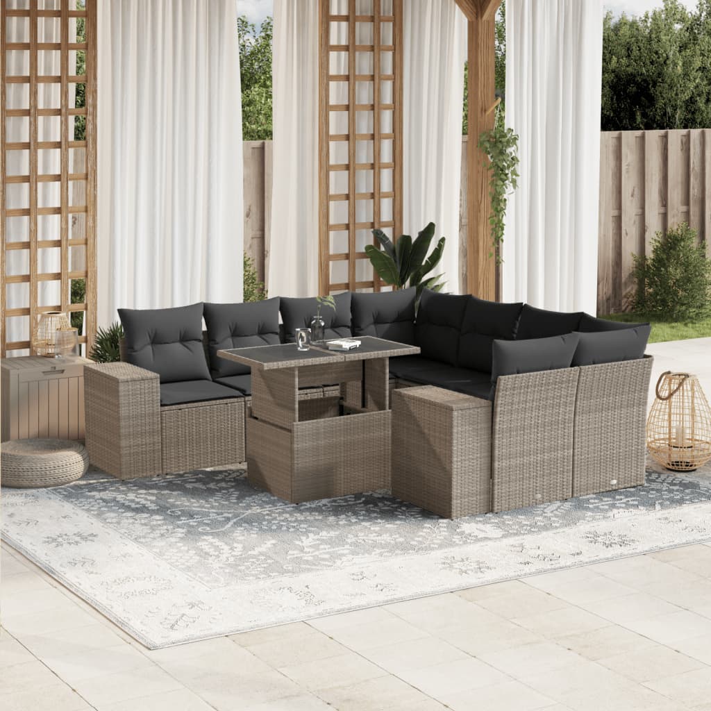 Set Divano da Giardino 9pz con Cuscini Grigio Chiaro Polyrattan