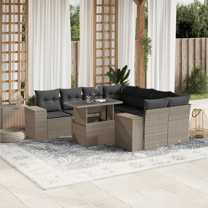 Set Divano da Giardino 9pz con Cuscini Grigio Chiaro Polyrattan