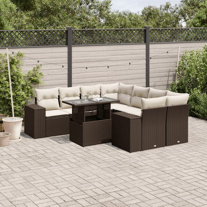 Set Divani da Giardino 9pz con Cuscini Marrone in Polyrattan