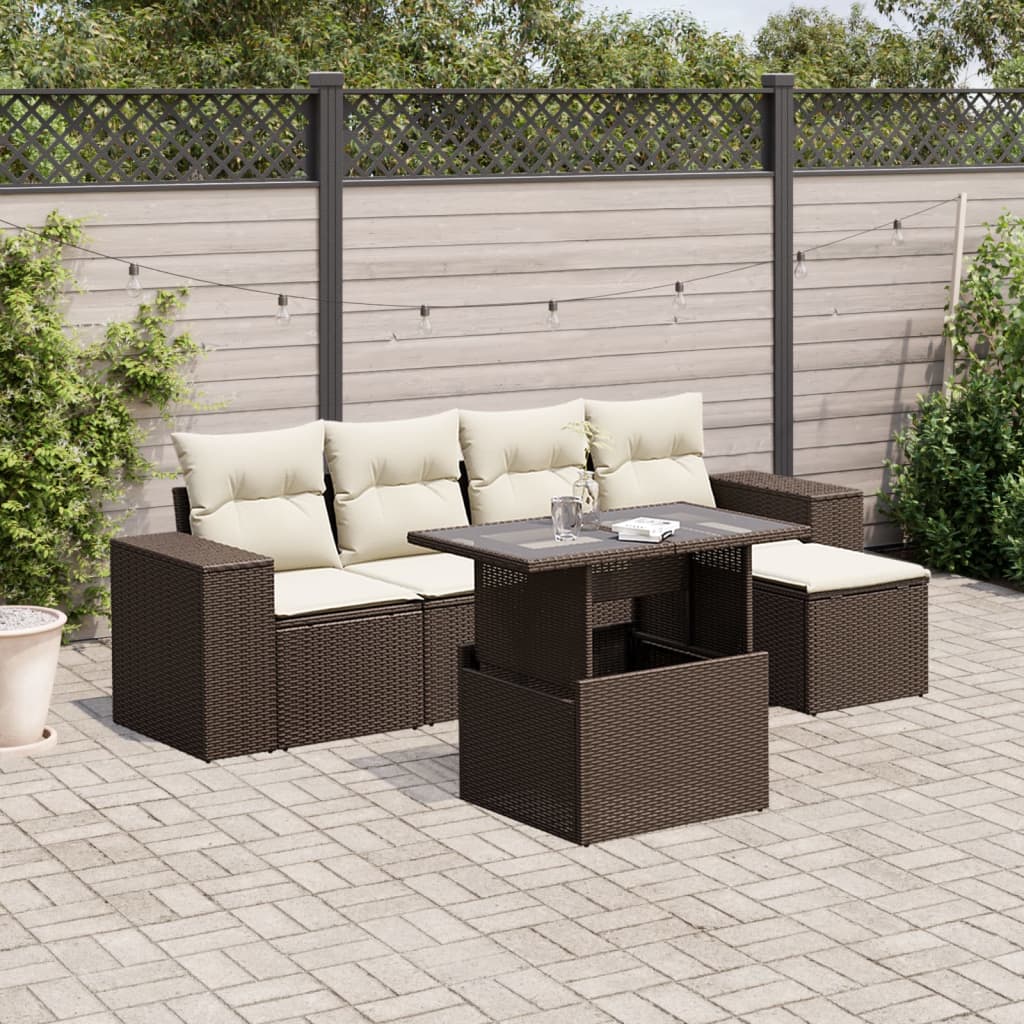Set Divano da Giardino 6 pz con Cuscini Marrone in Polyrattan