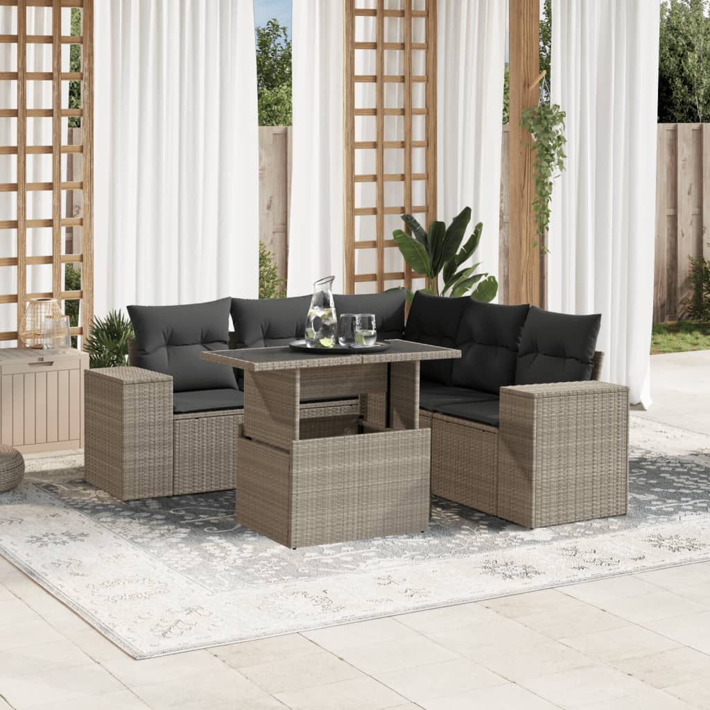 Set Divano da Giardino 6pz con Cuscini Grigio Chiaro Polyrattan