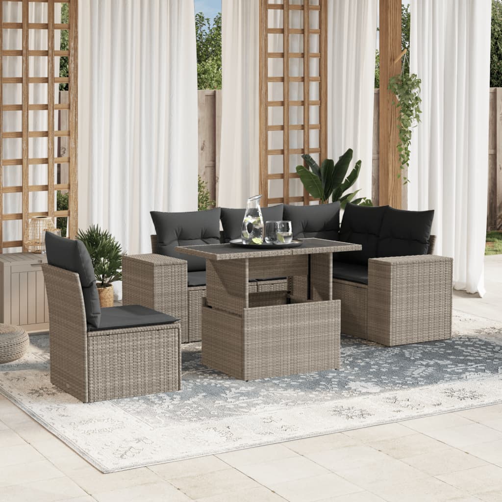 Set Divano da Giardino 6pz con Cuscini Grigio Chiaro Polyrattan