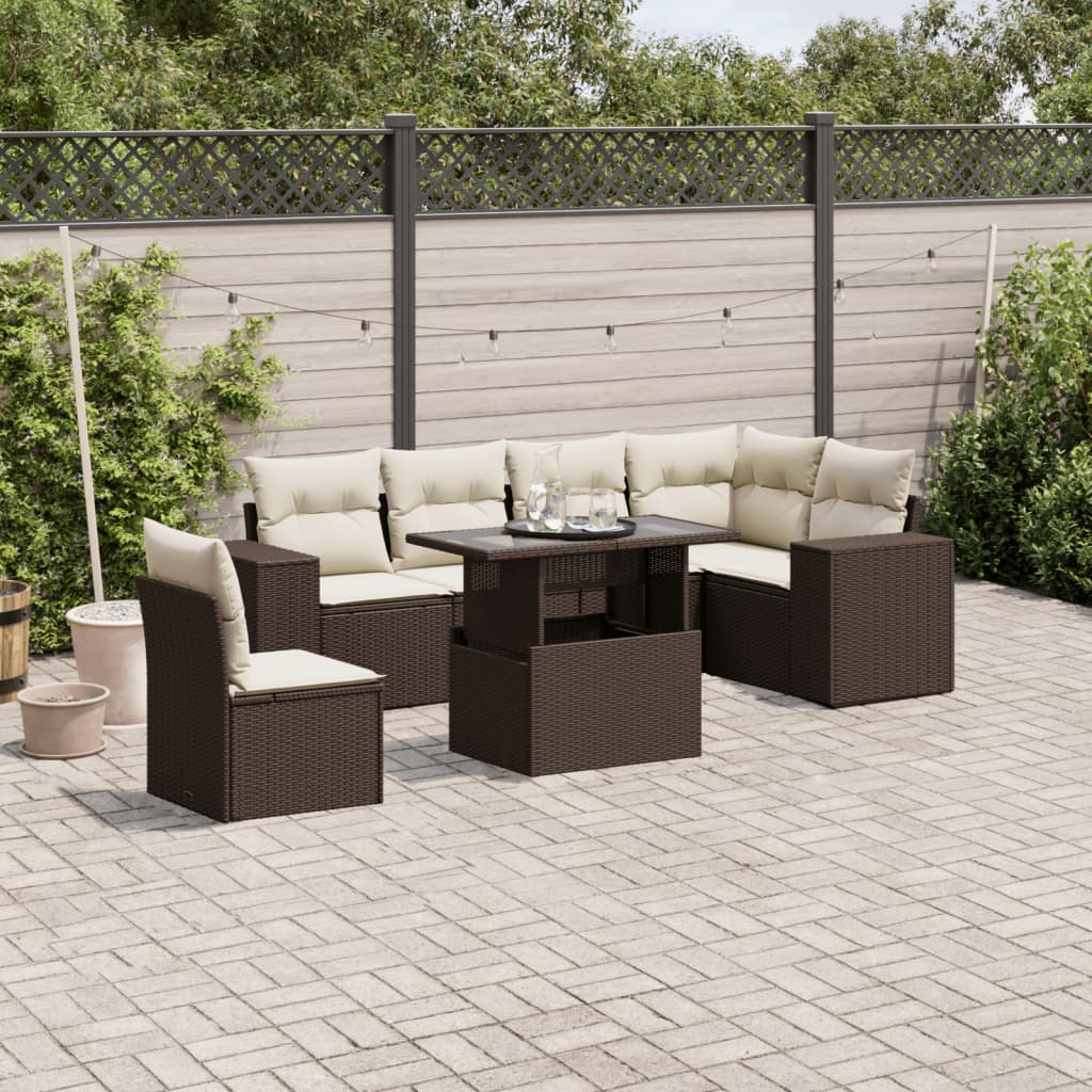 Set Divani da Giardino 7 pz con Cuscini Marrone in Polyrattan