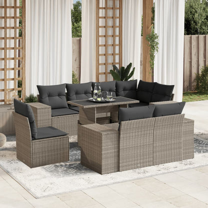Set Divano da Giardino 9pz con Cuscini Grigio Chiaro Polyrattan