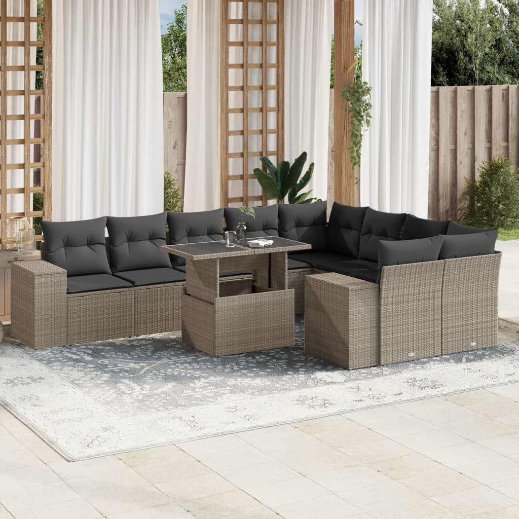 Set Divano Giardino 10 pz con Cuscini Grigio Chiaro Polyrattan