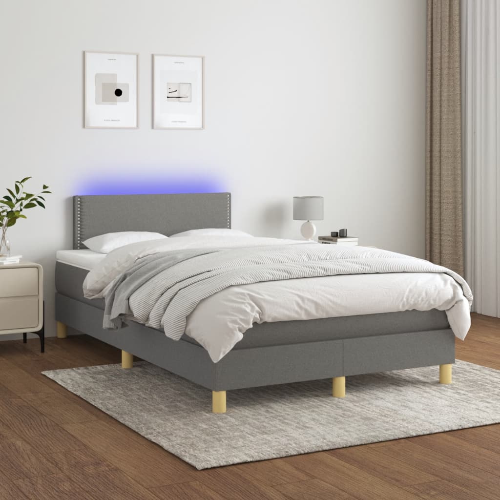 Letto a Molle Materasso e LED Grigio Scuro 120x190cm in Tessuto