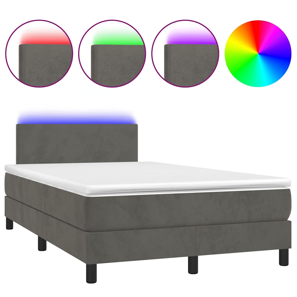Letto a Molle con Materasso e LED Grigio Scuro 120x190cm in Velluto