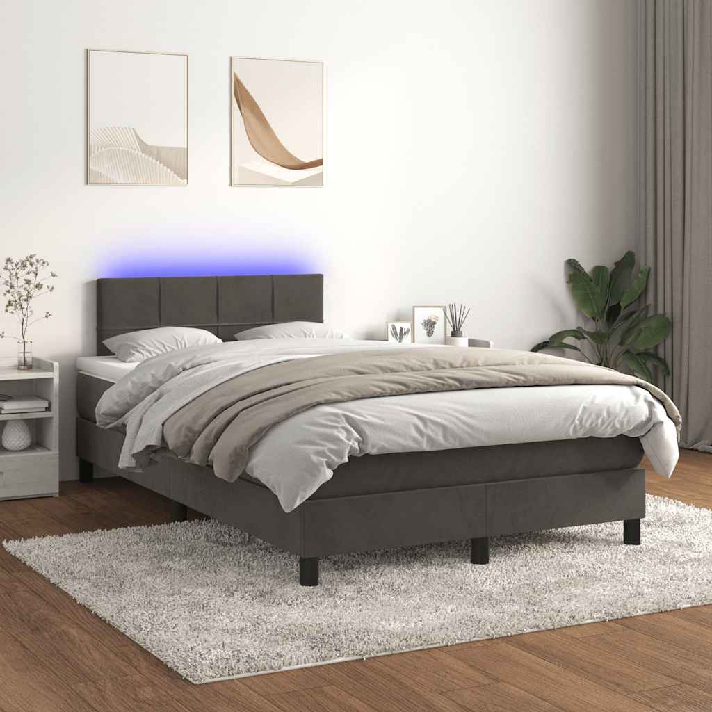 Letto a Molle con Materasso e LED Grigio Scuro 120x190cm in Velluto