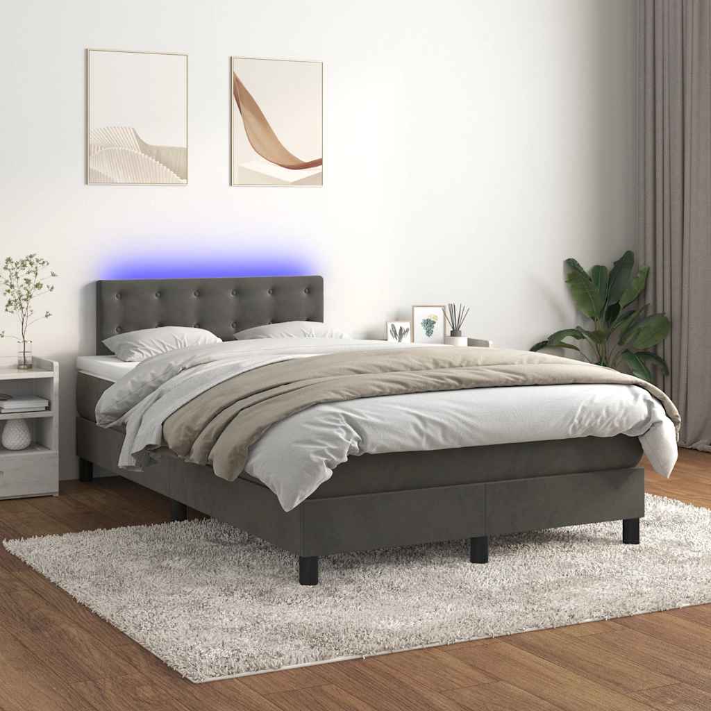 Letto a Molle con Materasso e LED Grigio Scuro 120x190cm in Velluto