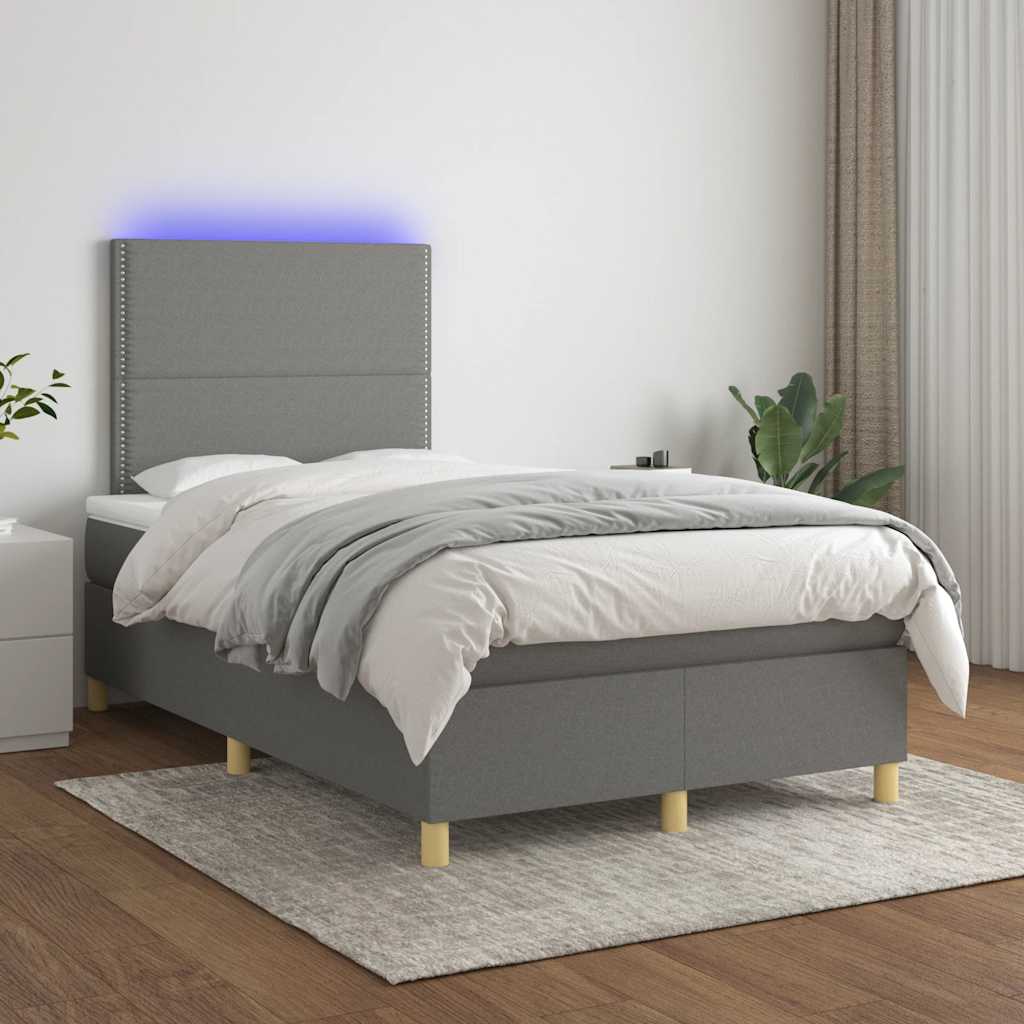 Letto a Molle Materasso e LED Grigio Scuro 120x190cm in Tessuto
