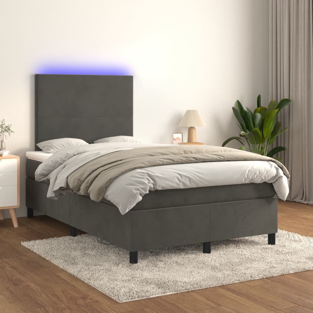 Letto a Molle Materasso e LED Grigio Scuro 120x190cm in Velluto