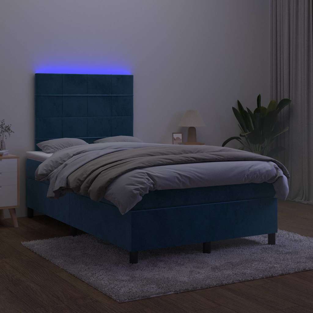 Letto a Molle Materasso e LED Blu Scuro 120x190 cm in Velluto