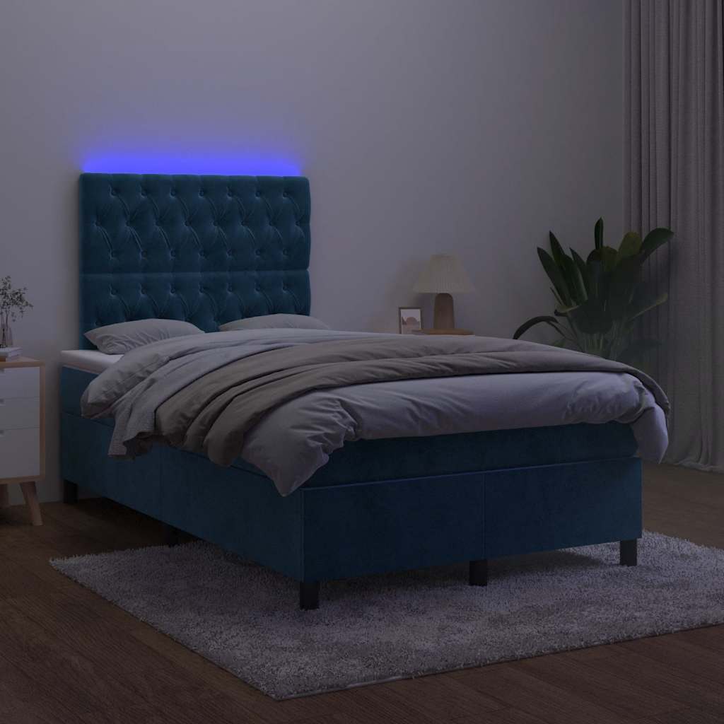 Letto a Molle Materasso e LED Blu Scuro 120x190 cm in Velluto