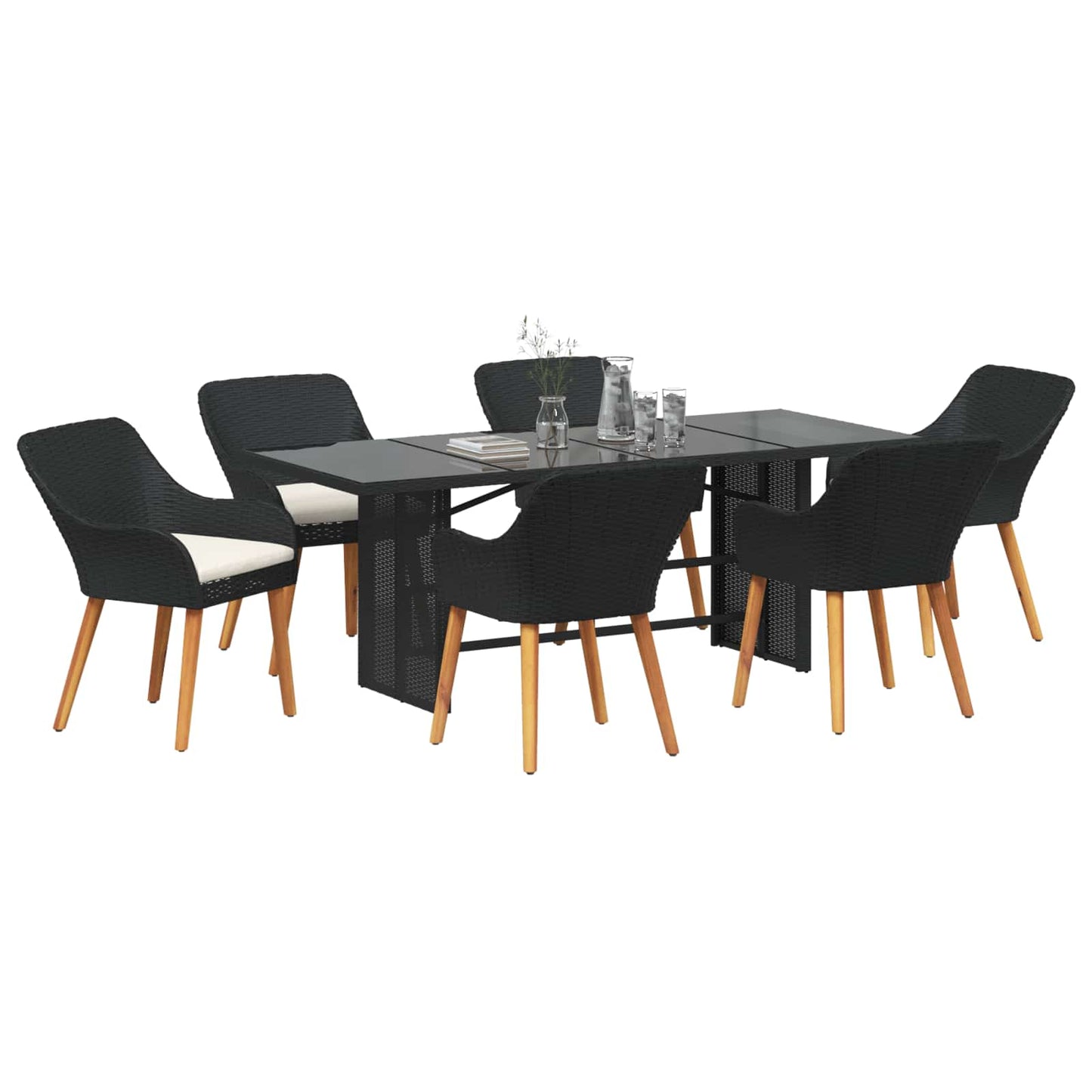 Set da Pranzo per Giardino con cuscino 7 pcs Nero polyrattan