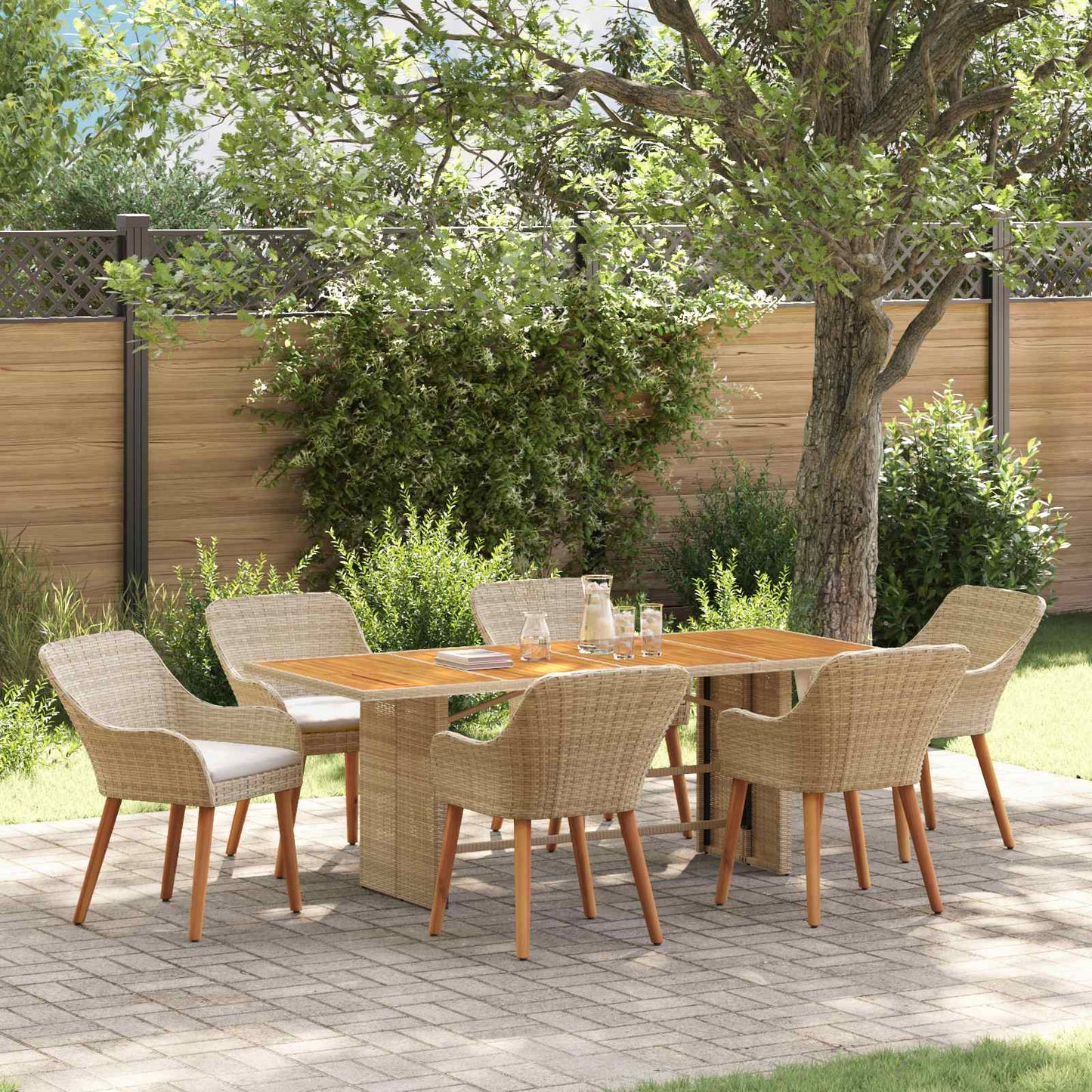 Set da Pranzo per Giardino con cuscino 7 pcs Beige polyrattan