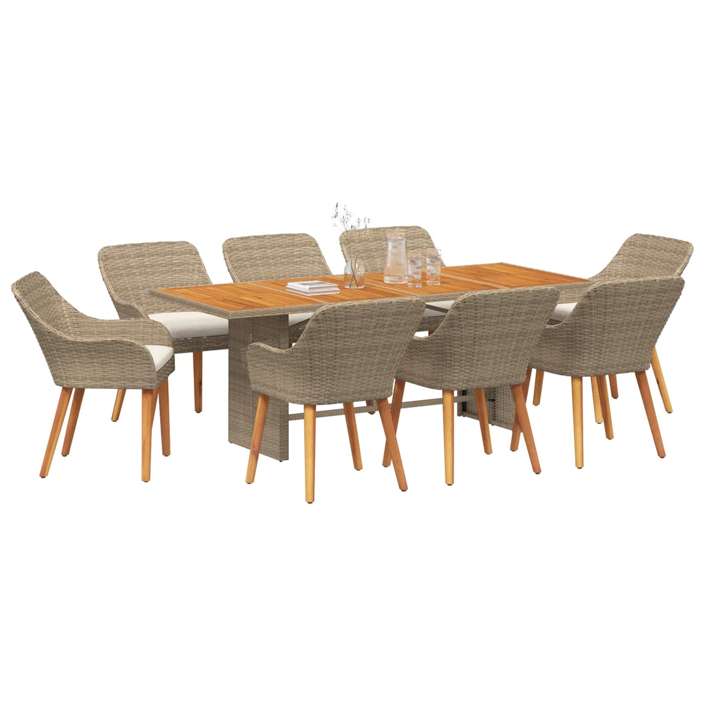 Set da Pranzo per Giardino con cuscino 9 pcs Beige polyrattan