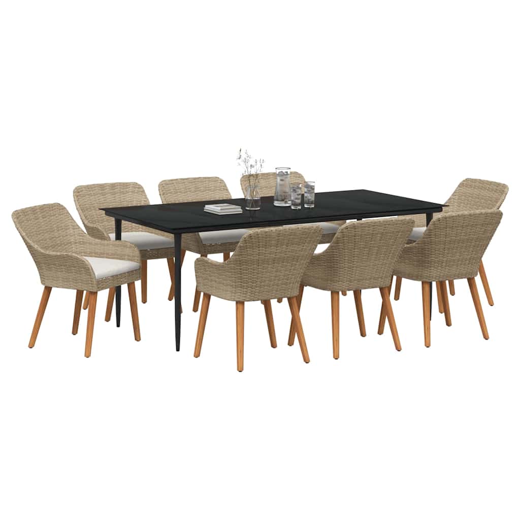 Set da Pranzo per Giardino con cuscino 9 pcs Beige polyrattan