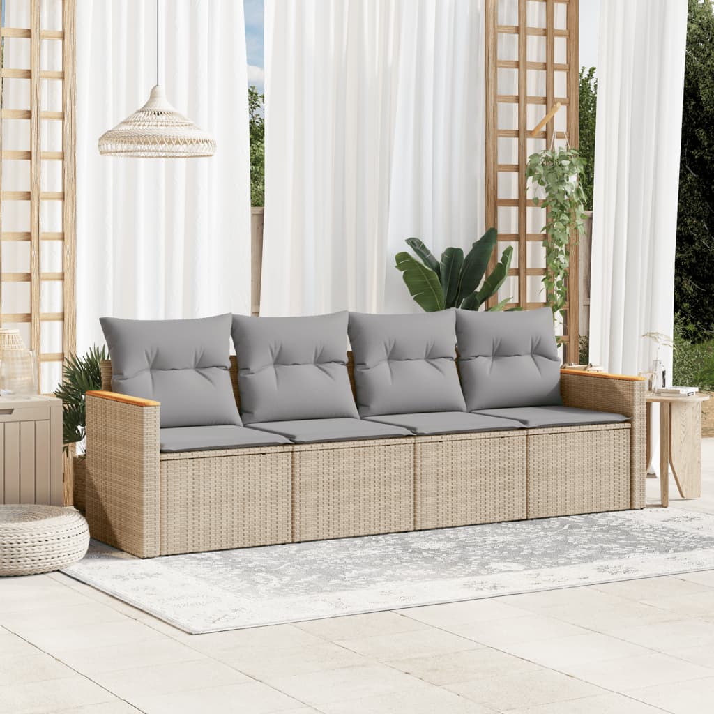 Set Divano da Giardino 4 pz con Cuscini Beige in Polyrattan