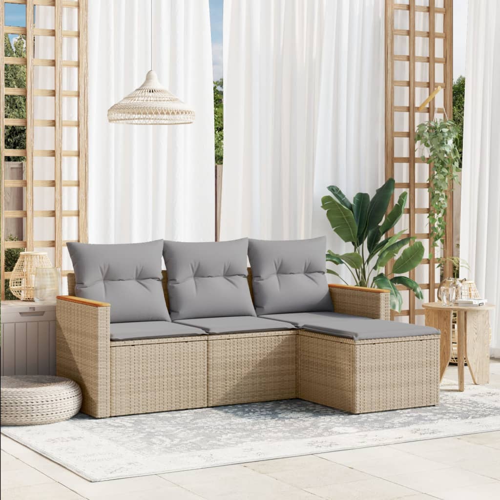 Set Divano da Giardino 4 pz con Cuscini Beige in Polyrattan