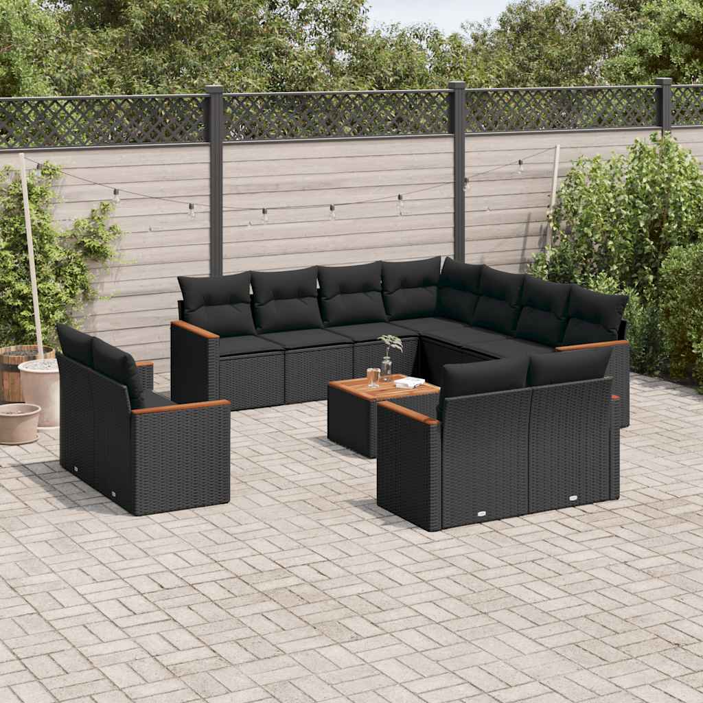 Set Divani da Giardino 12 pz con Cuscini Nero in Polyrattan