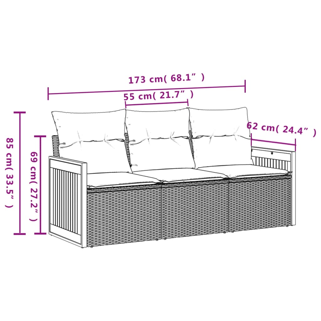 Set Divano da Giardino 3 pz con Cuscini Beige in Polyrattan