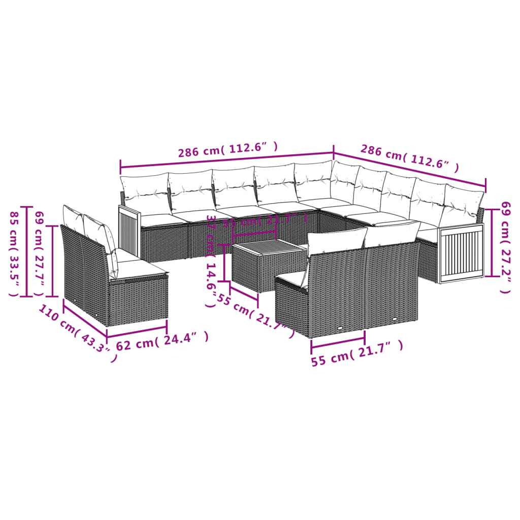 Set Divani da Giardino 14pz con Cuscini in Polyrattan Beige