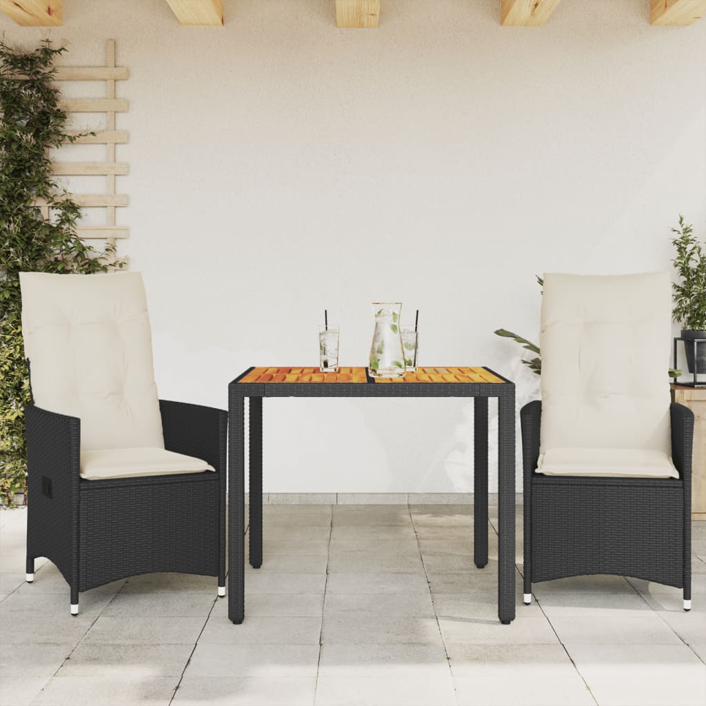 Set da BistrÃƒÆ’Ã‚Â² 3 pz con Cuscini Nero Polyrattan e Legno Acacia