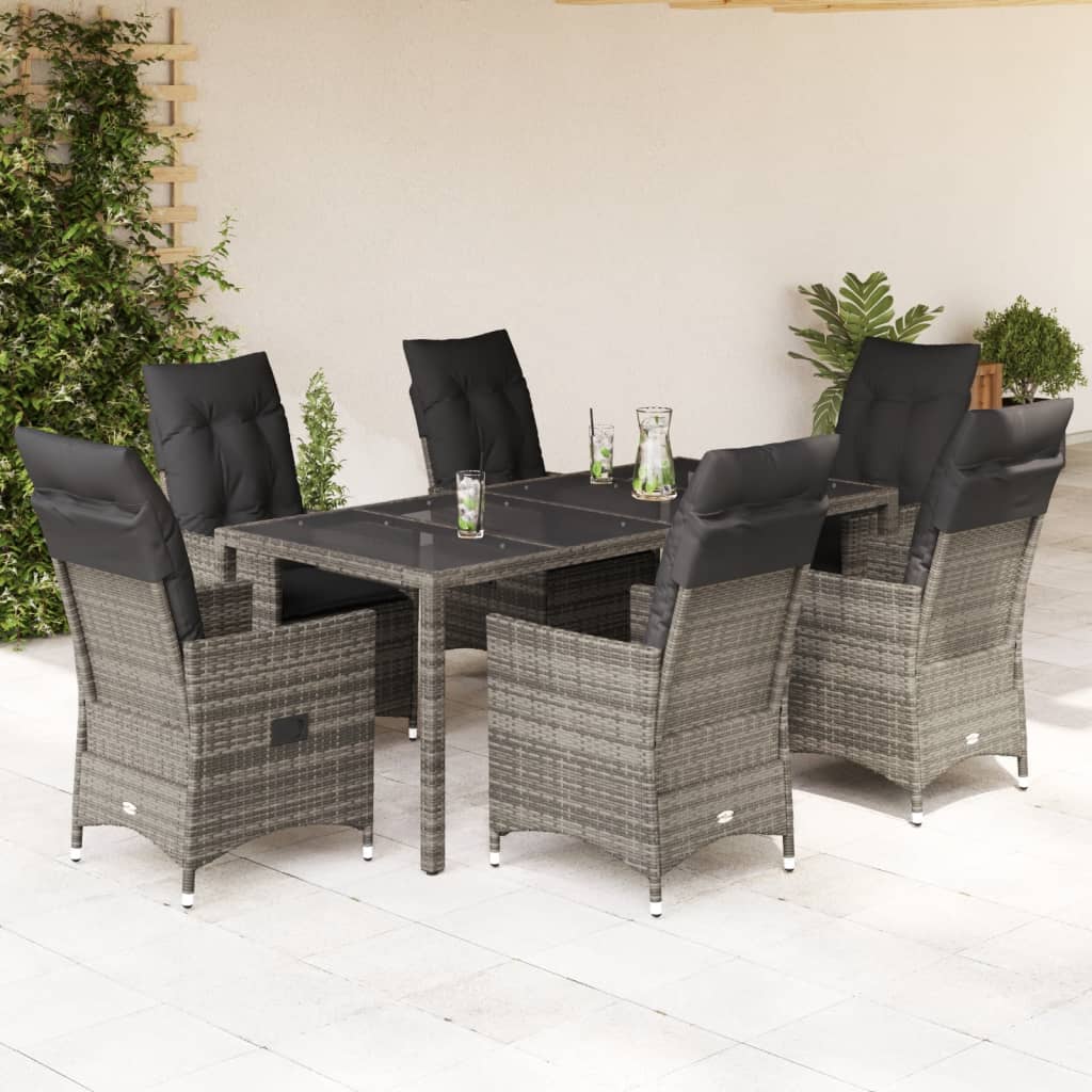 Set da Pranzo da Giardino 7 pz con Cuscini in Polyrattan Grigio