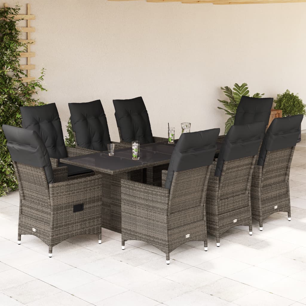 Set da Pranzo da Giardino 9 pz con Cuscini in Polyrattan Grigio