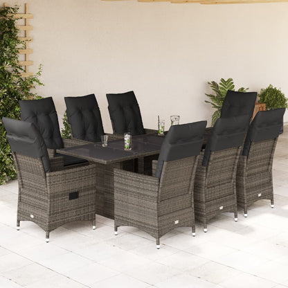 Set da Pranzo da Giardino 9 pz con Cuscini in Polyrattan Grigio