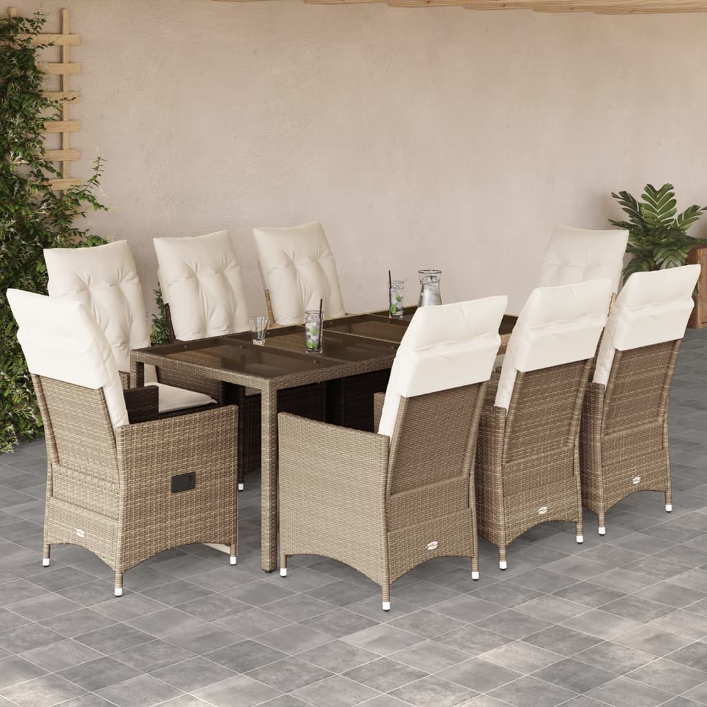 Set da Pranzo da Giardino 9 pz con Cuscini Beige in Polyrattan