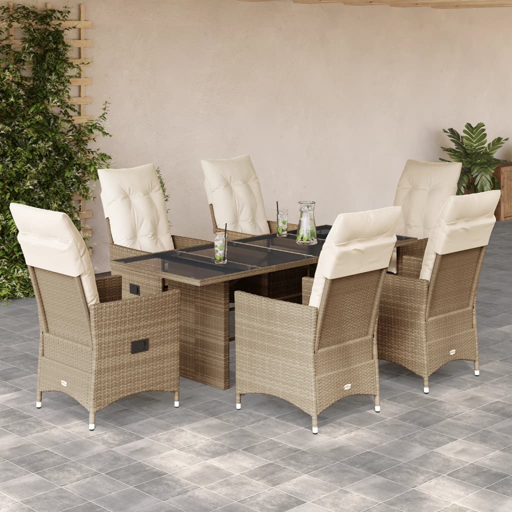 Set da Pranzo da Giardino 7 pz con Cuscini Beige in Polyrattan