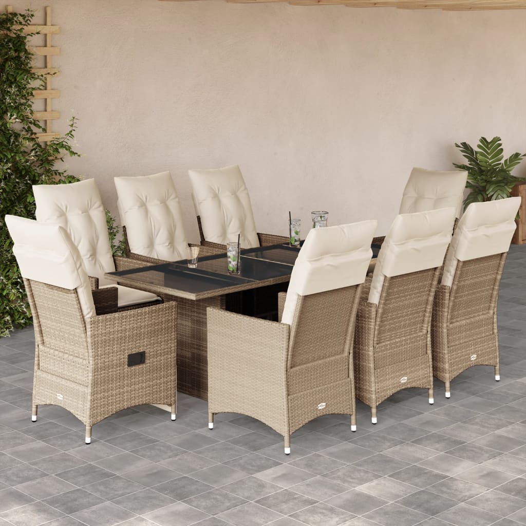 Set da Pranzo da Giardino 9 pz con Cuscini Beige in Polyrattan