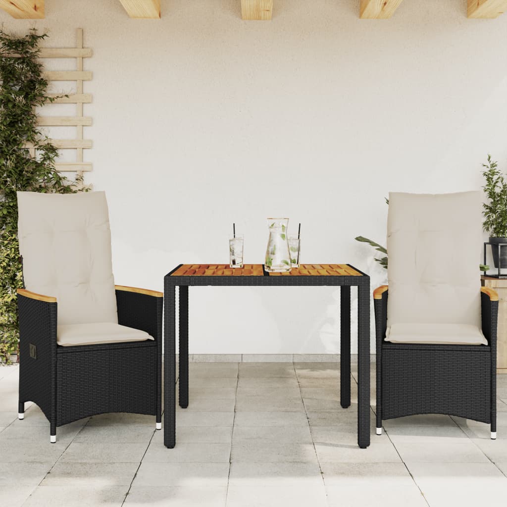 Set da BistrÃ² 3 pz con Cuscini Nero in Polyrattan