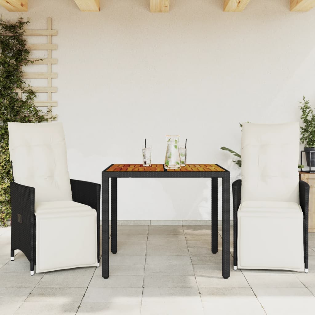 Set da BistrÃ² 3 pz con Cuscini Nero in Polyrattan