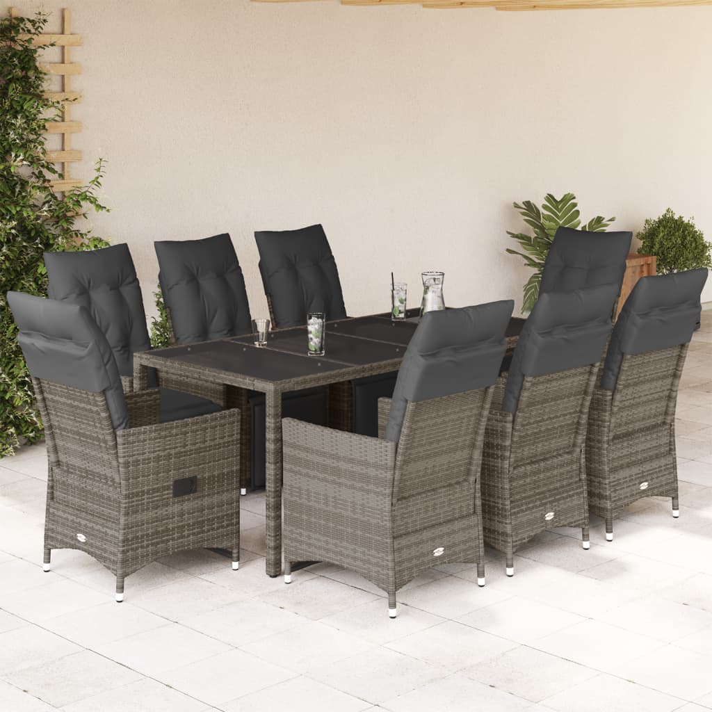 Set BistrÃƒÂ² da Giardino 9 pz con Cuscini in Polyrattan Grigio