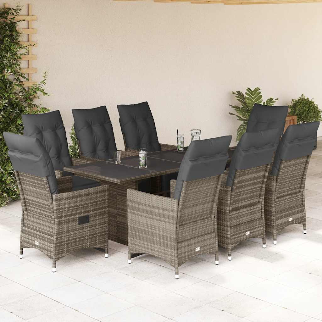 Set BistrÃƒÂ² da Giardino 9 pz con Cuscini in Polyrattan Grigio
