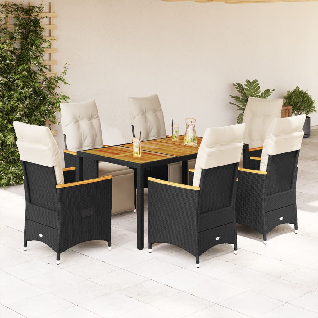Set da BistrÃƒÂ² da Giardino 7 pz con Cuscini Nero in Polyrattan