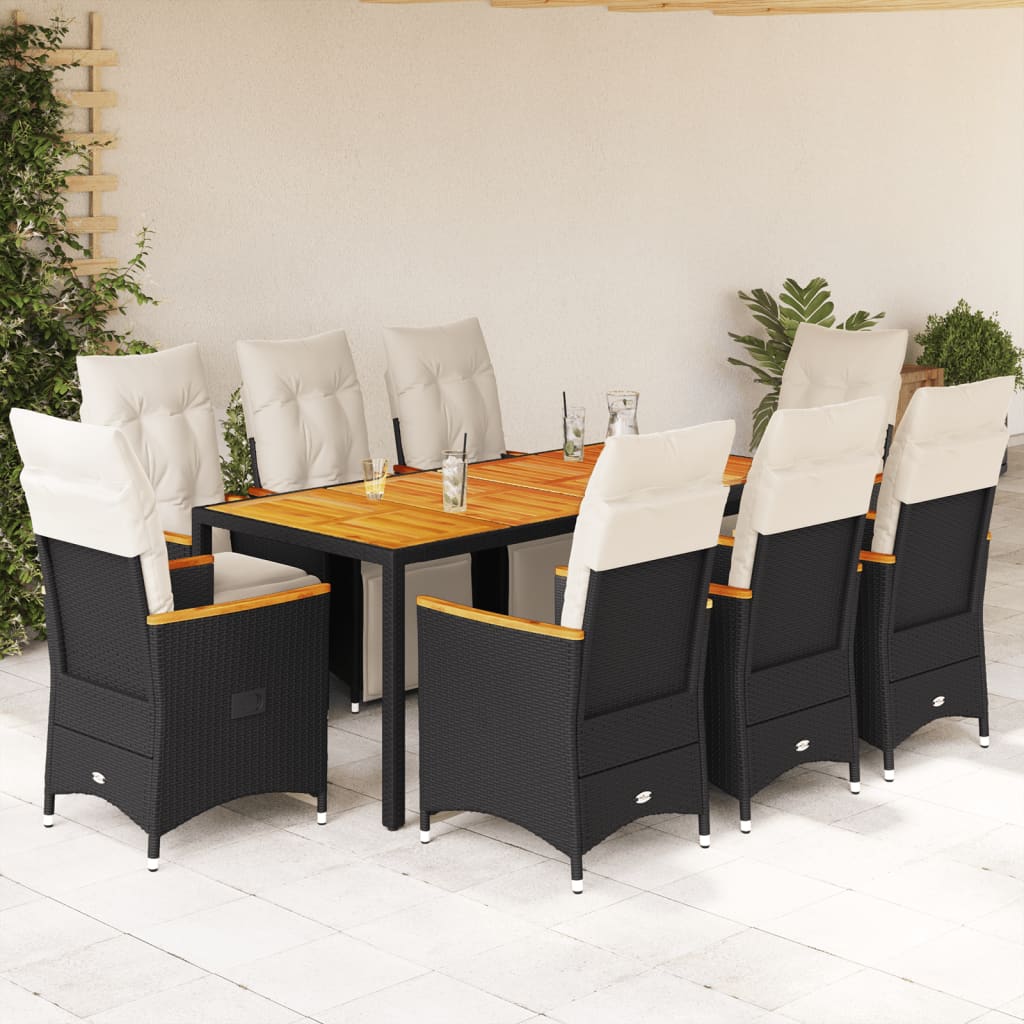 Set BistrÃƒÂ² da Giardino 9 pz con Cuscini in Polyrattan Nero