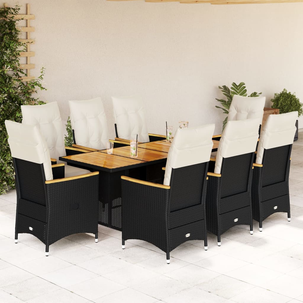 Set BistrÃƒÂ² da Giardino 9 pz con Cuscini in Polyrattan Nero